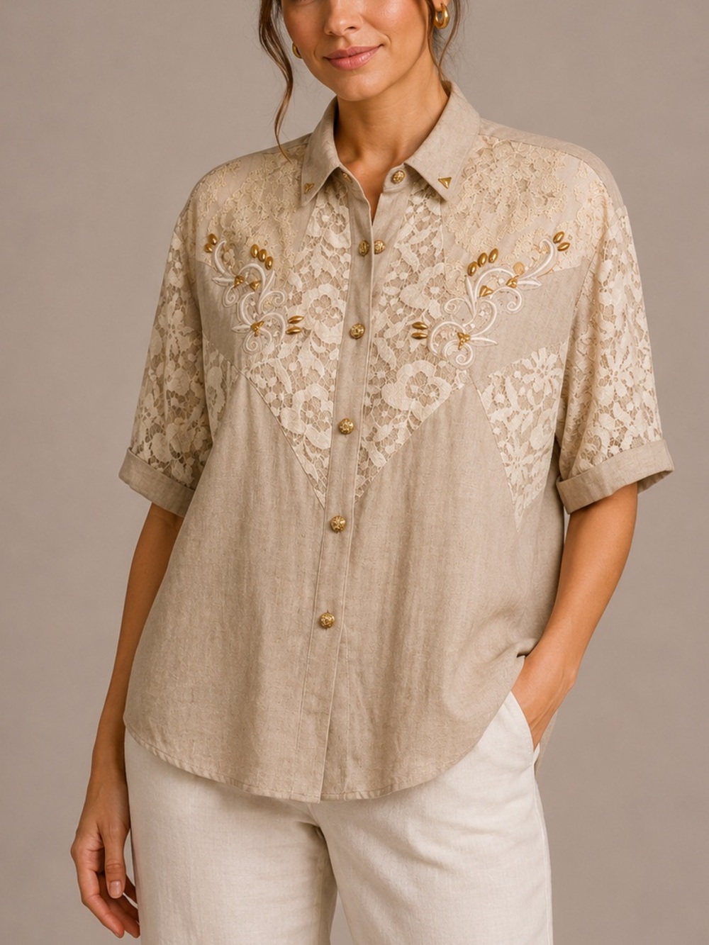 Vintage Saint Germain Paris Lace Linen Blend Button Up Shirt Medium